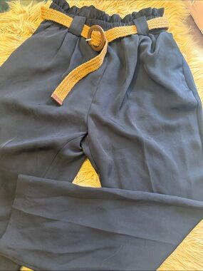 Zara Navy Blue High-Waist Chinos with Mustard Woven Belt